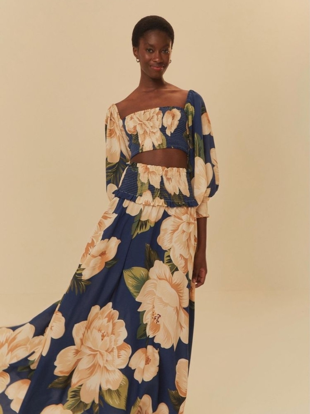 Farm Rio Floral Maxi Skirt/ Cropped Top in Navy and Cream